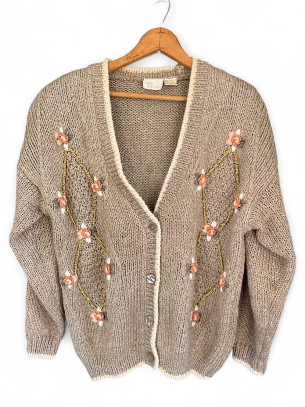 Cream Floral Cottagecore Knit Cardigan Size S Needles & Yarn
